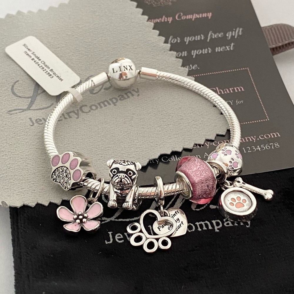 Linx Snake Chain Bracelet with Pug Dog Themed Charms 925 sterling silver